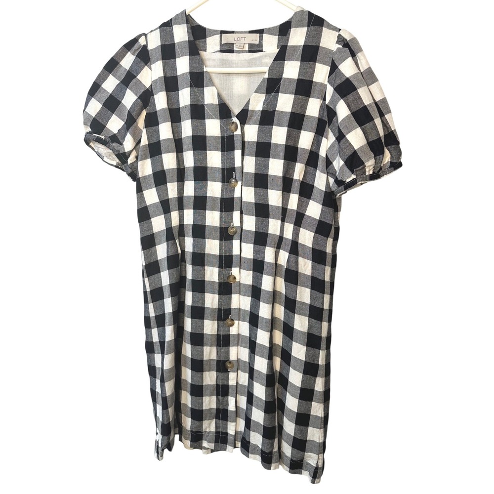 LOFT Gingham Button Front Dress Womens 2P Black White Excellent Puff Sleeve